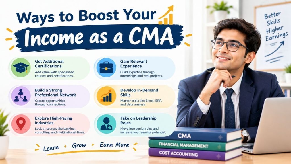 Ways to boost your income as a CMA, highlighting professional certifications, relevant experience, networking, in-demand skills, high-paying industries, and leadership opportunities for career growth.