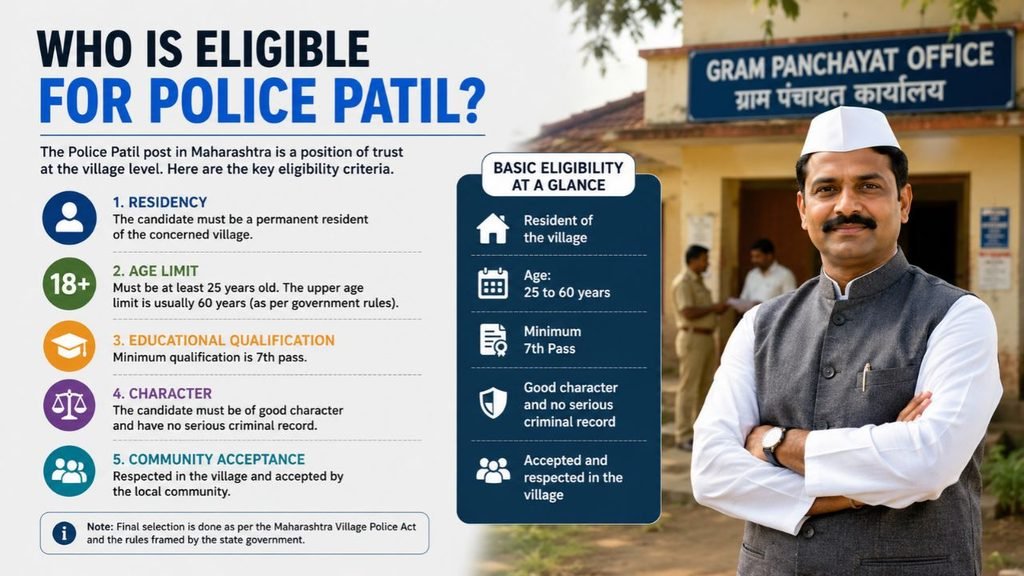 Police Patil eligibility in Maharashtra infographic showing residency requirements, age limit, educational qualifications, character criteria, and village-level responsibilities.